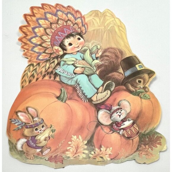 3x VTG EUREKA Paper THANKSGIVING Window Wall Decorations Turkey Pilgrim Indian - Picture 2 of 7